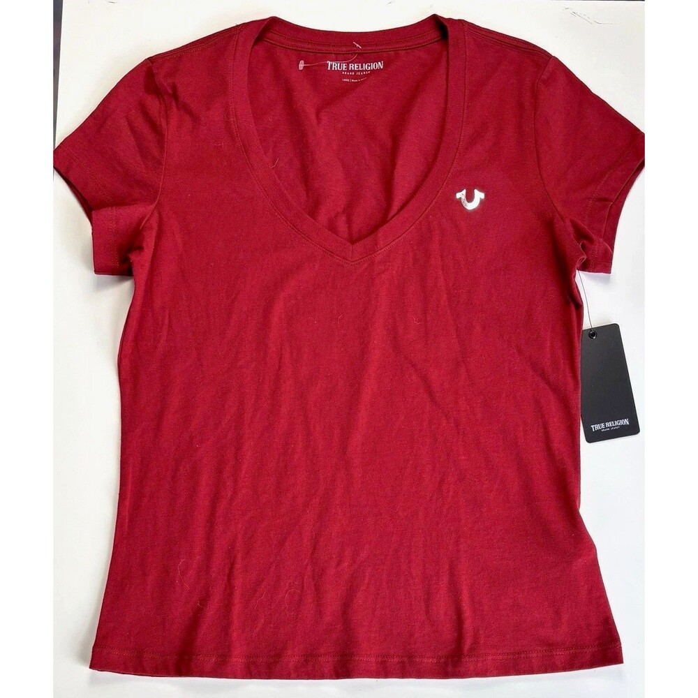 NWT True Religion Women's Script Foil V-Neck Graphic T-Shirt Sz L Red Orig $59